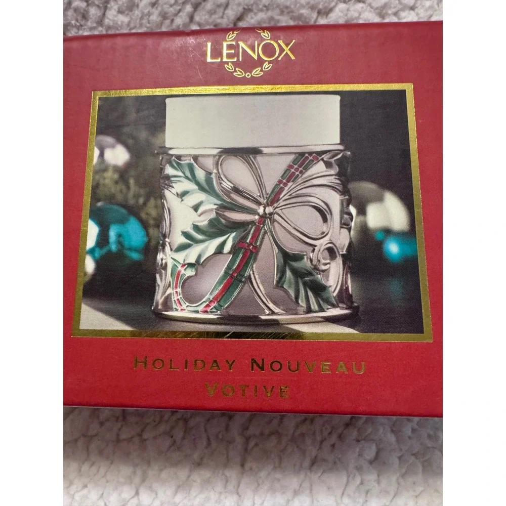 Lenox Holiday Nouveau Votive Silver Plated Pierced Holly Bow Candle Holder NWOT